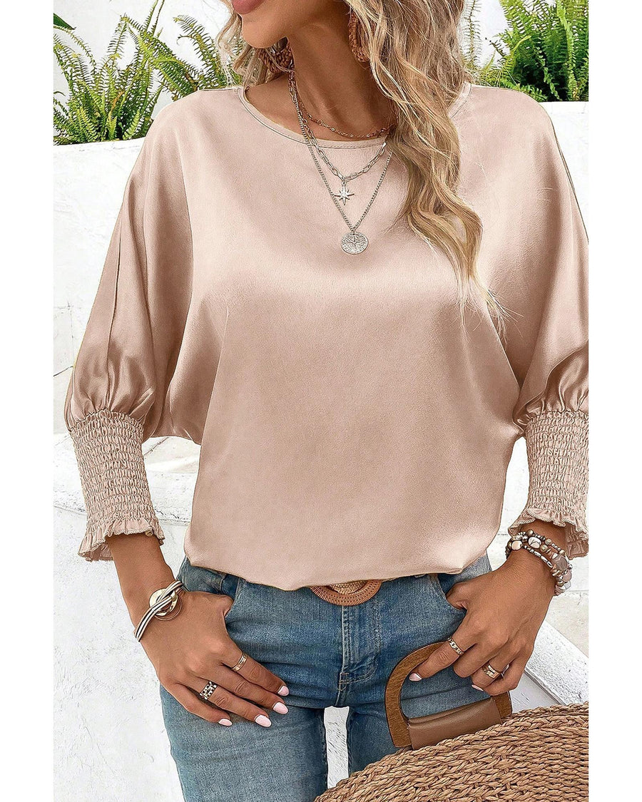 Smoke Gray Shirred Dolman Sleeve Satin Blouse - L