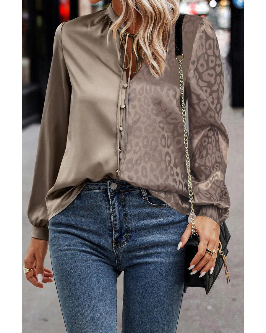 Light French Beige Contrast Half Leopard Jacquard Satin Blouse - L