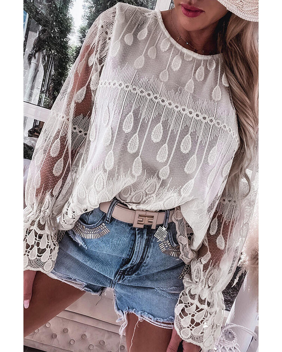 Beige Embroidered Mesh Flounce Sleeve Blouse - XL