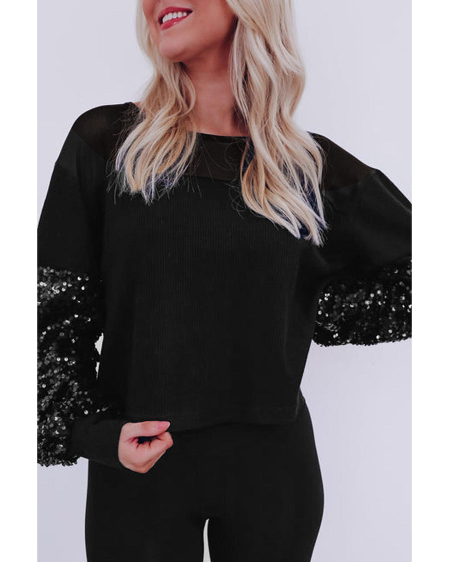 Black Sequin Patchwork Lantern Sleeve Blouse - XL