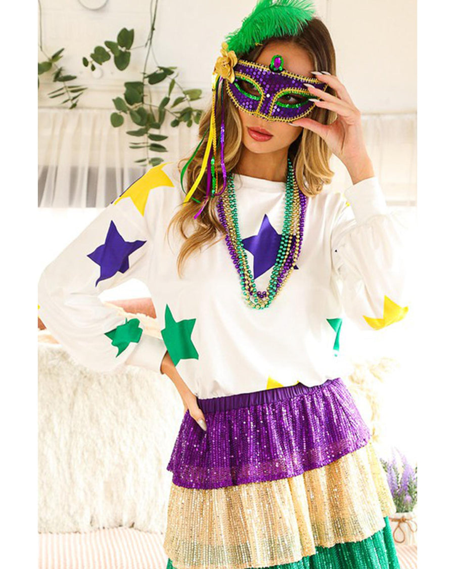 White Mardi Gras Star Printed Long Sleeve Top - M