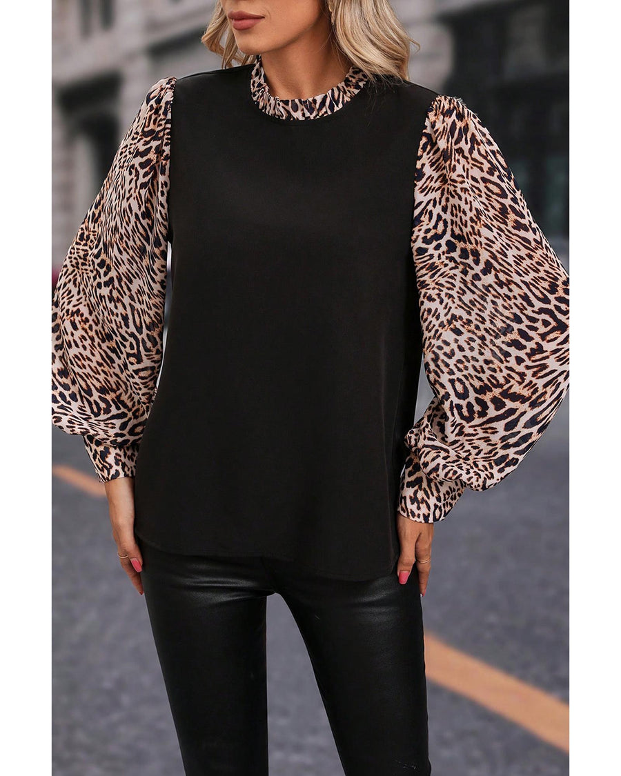 Black Contrast Leopard Print Lantern Sleeve Blouse - M