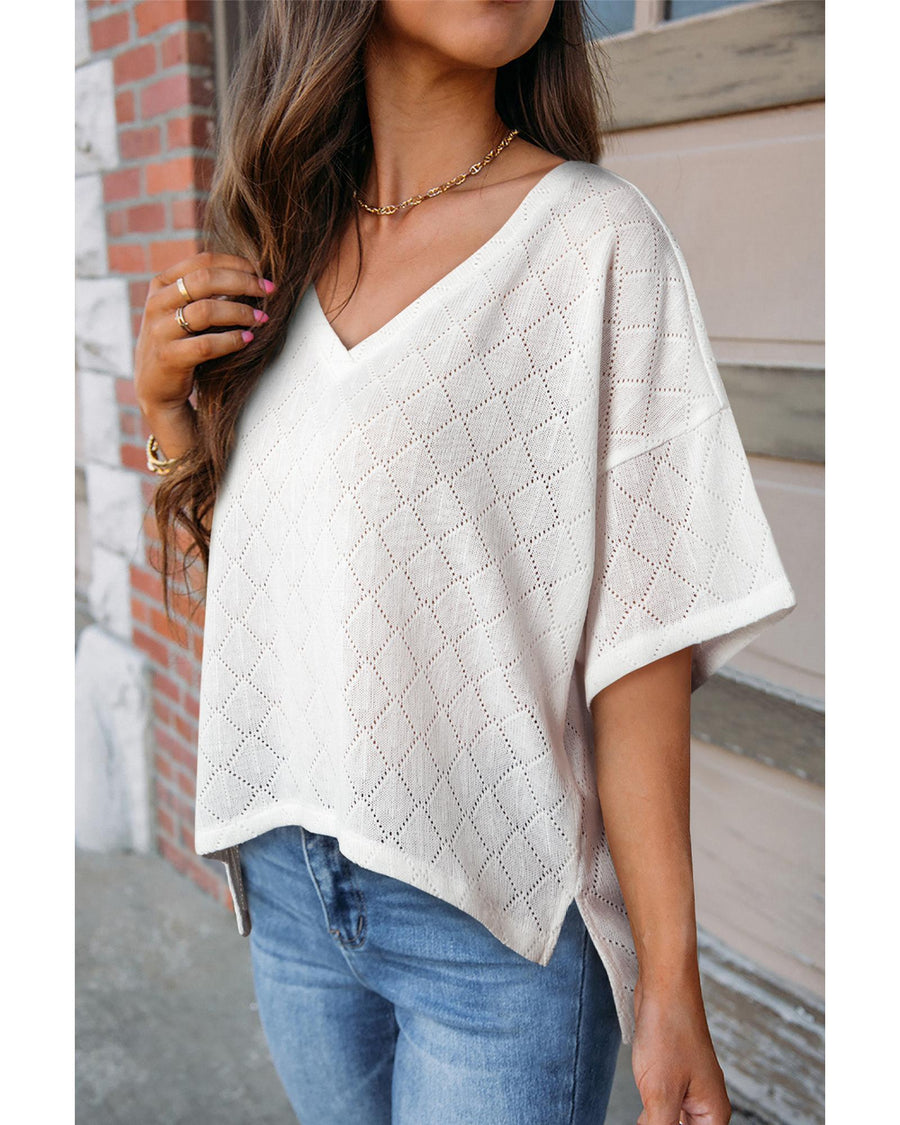 White V Neck Knitted Flowy Blouse - S