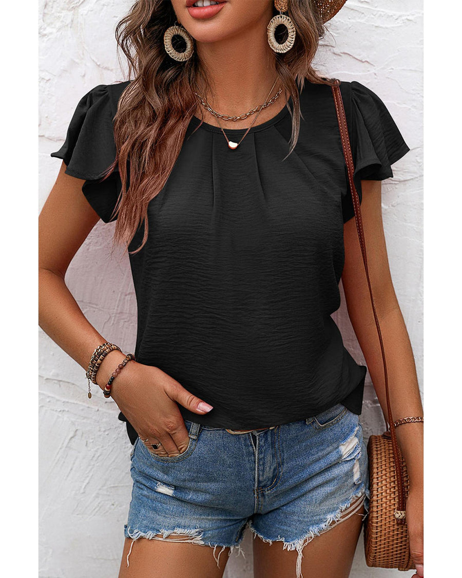 Black Solid Color Textured Pleated Flutter Sleeve Blouse - L
