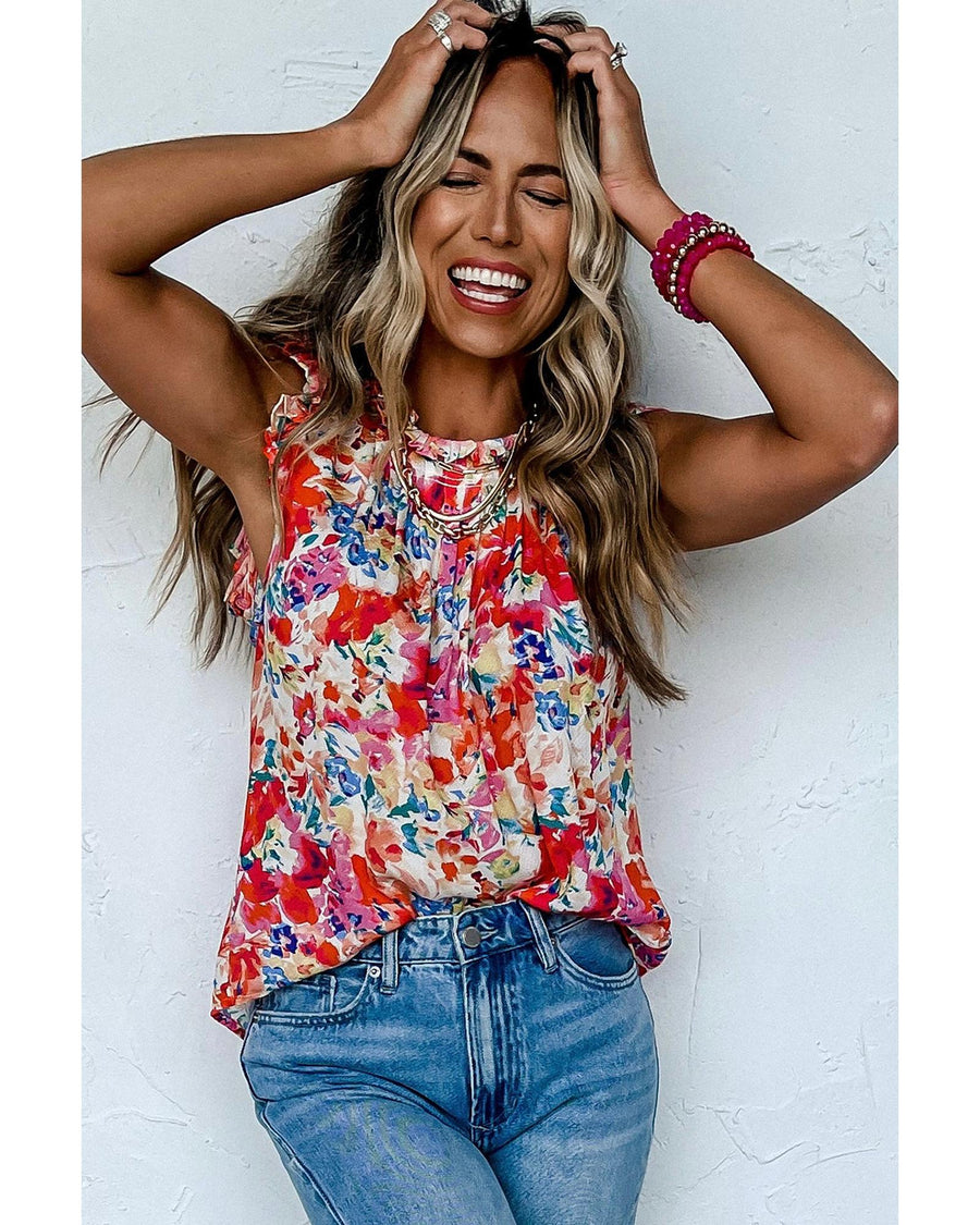 Red Frilled Neck Pleated Boho Floral Tank Top - S