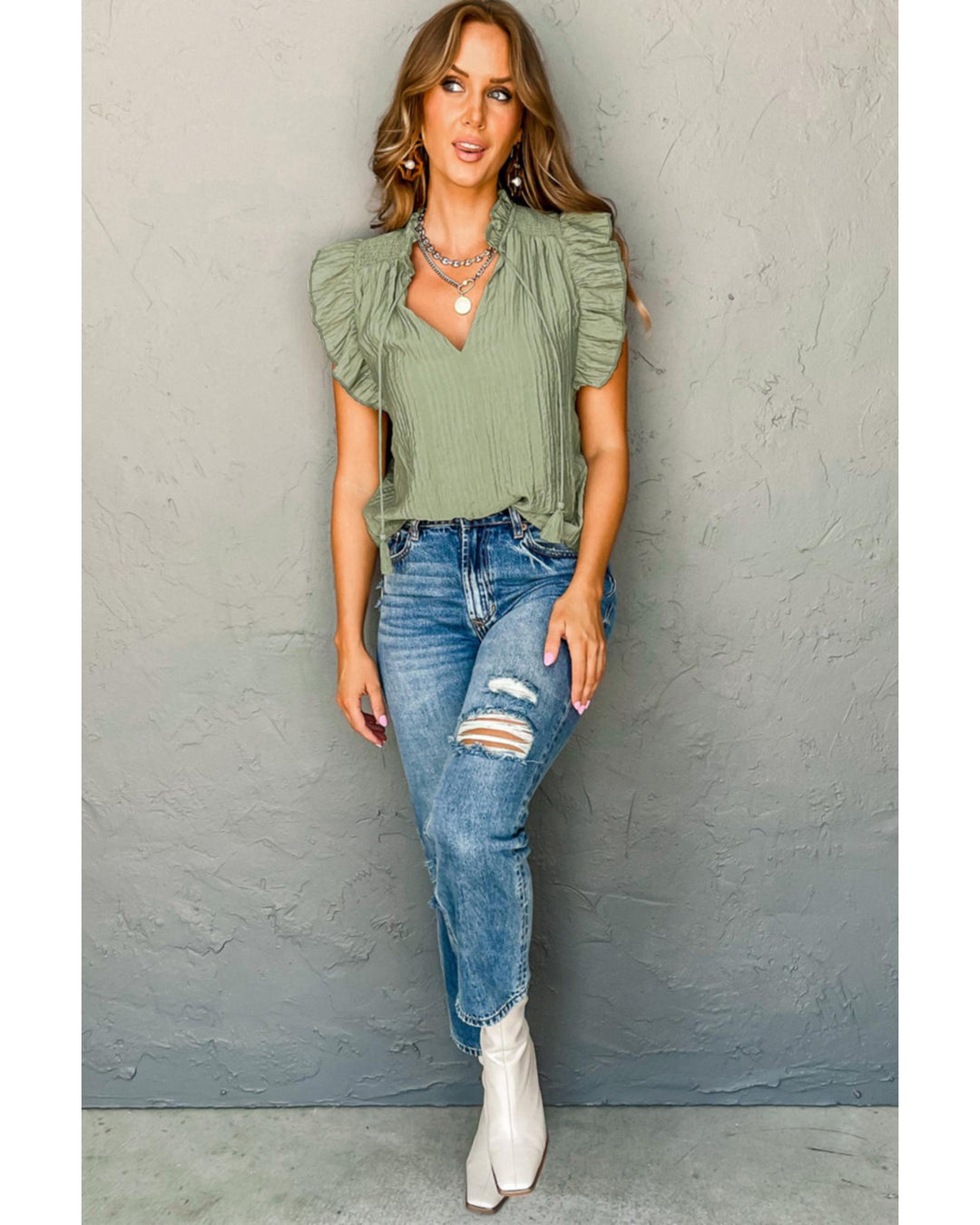 Meadow Mist Green V Neck Flutter Sleeve Textured Blouse - XL