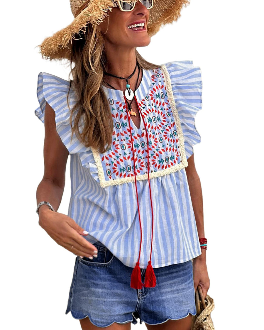 Sky Blue Stripe Geo Pattern Embroidered Tassel Flutter Blouse - XL