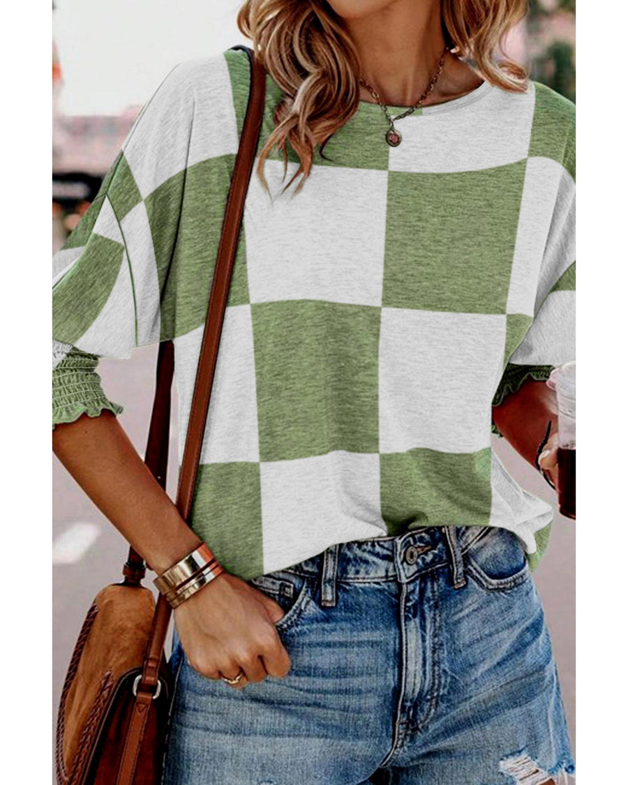Grass Green Mix Checkered Print Shirred Cuffs Blouse - XL