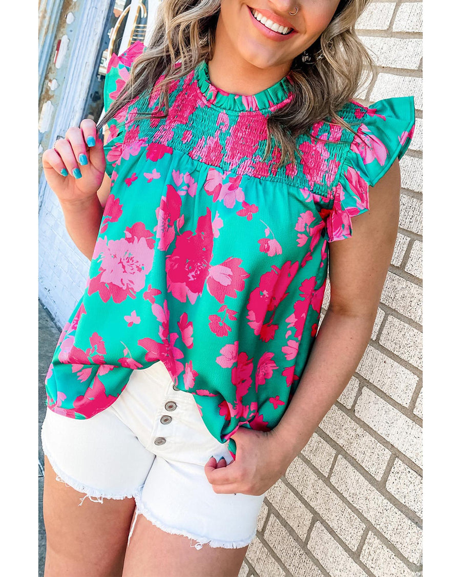 Green Floral Ruffled Flutter Sleeve Ruched Blouse - S