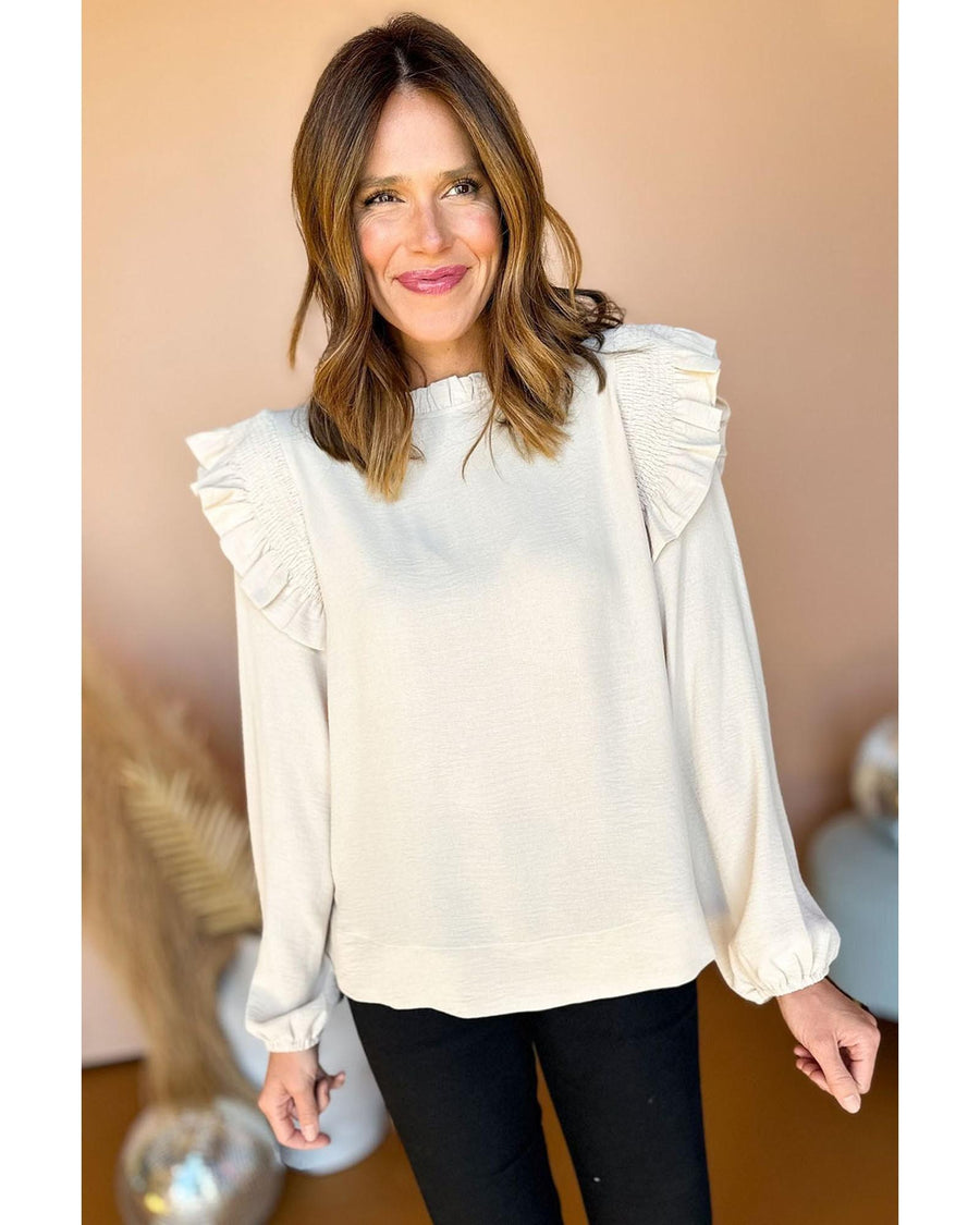 White Frilled Neck Ruffled Trim Bubble Sleeve Blouse - S