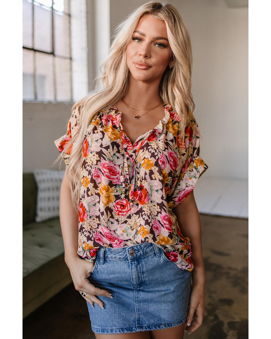 Pink Floral Print Crew Neck Short Sleeve Shift Blouse - S