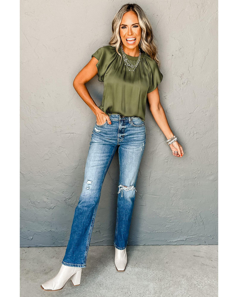 Jungle Green Pleated Flutter Sleeve Satin Top - XL