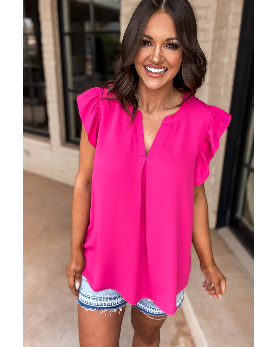 Rose Red Notched Neck Ruffle Sleeve Blouse - S