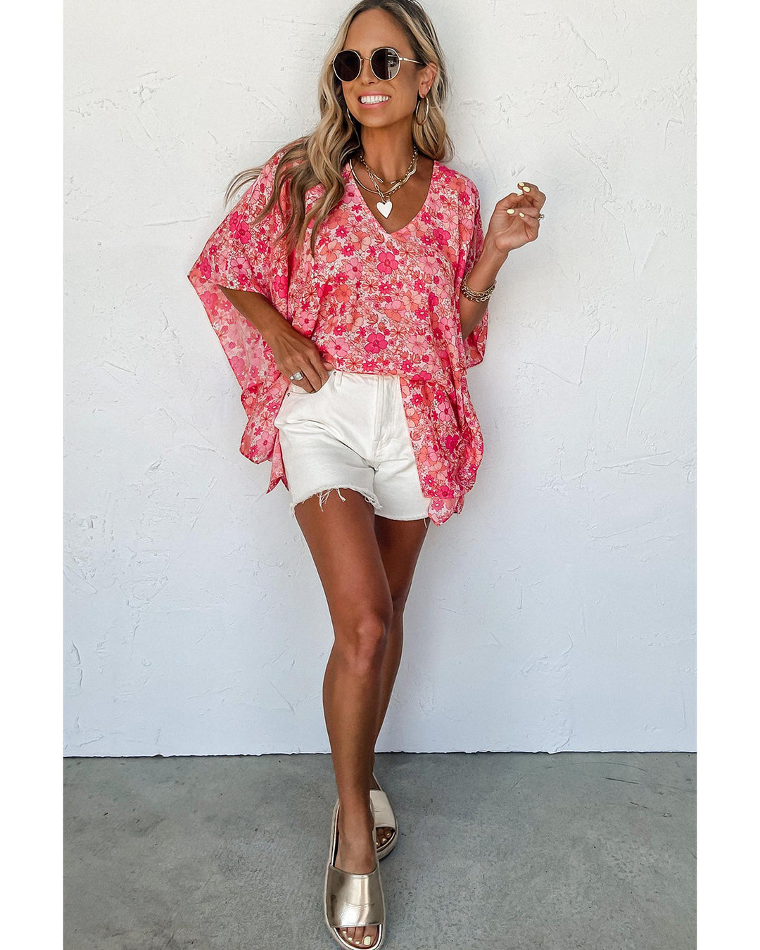 Pink Boho Floral V Neck Kimono Style Blouse - L