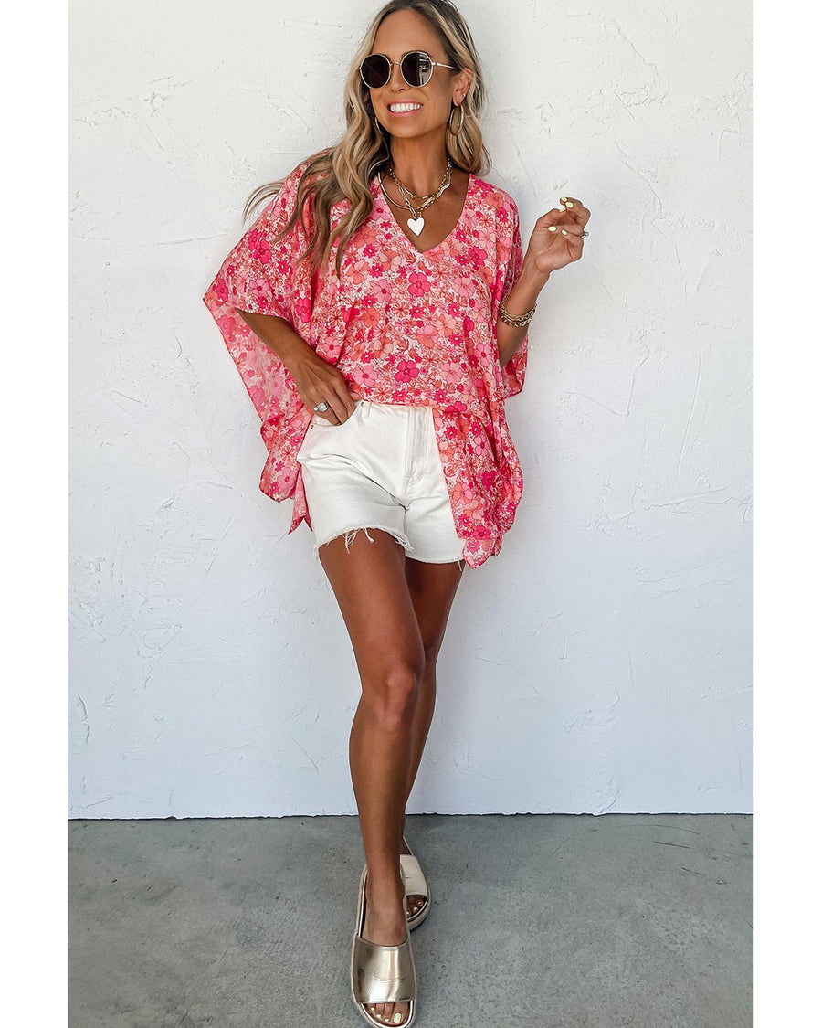 Pink Boho Floral V Neck Kimono Style Blouse - S