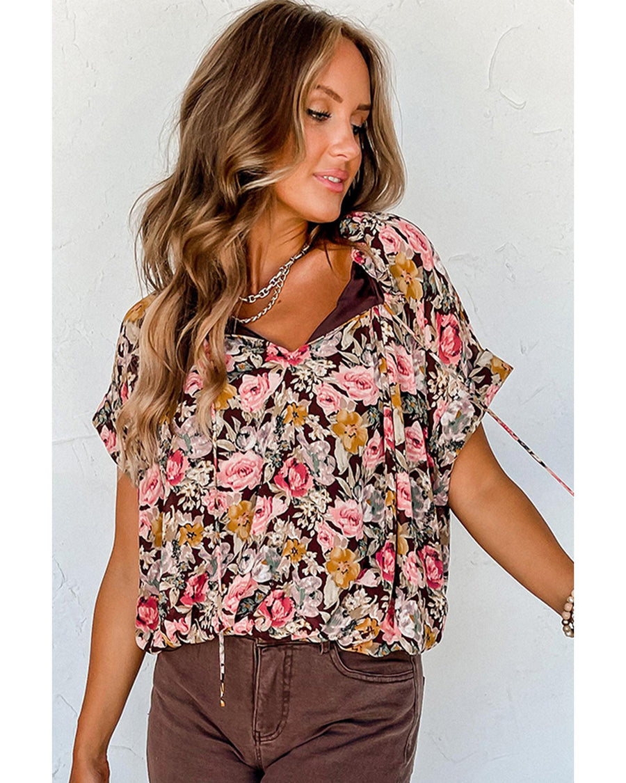 Pink Floral Print Bubble Hem Split Neck Blouse - L