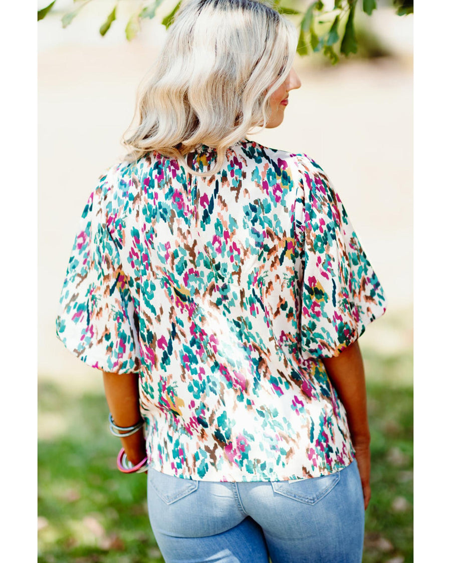 Light Blue Abstract Print Puff Sleeve Mock Neck Blouse - L