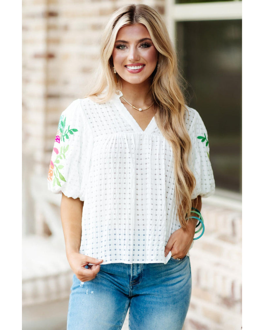 White Floral Embroidered Puff Sleeve Notched Neck Blouse - S