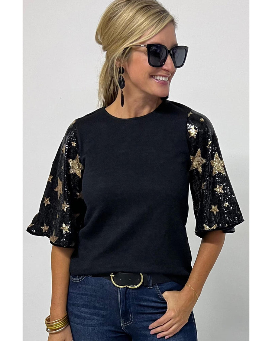 Black Star Sequin Splicing Half Sleeve Top - L