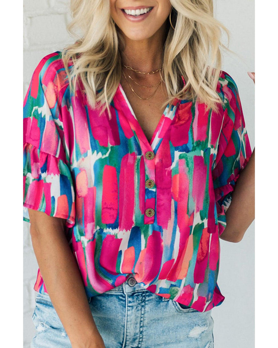 Rose Abstract Brushwork Print Buttoned V Neck Blouse - L