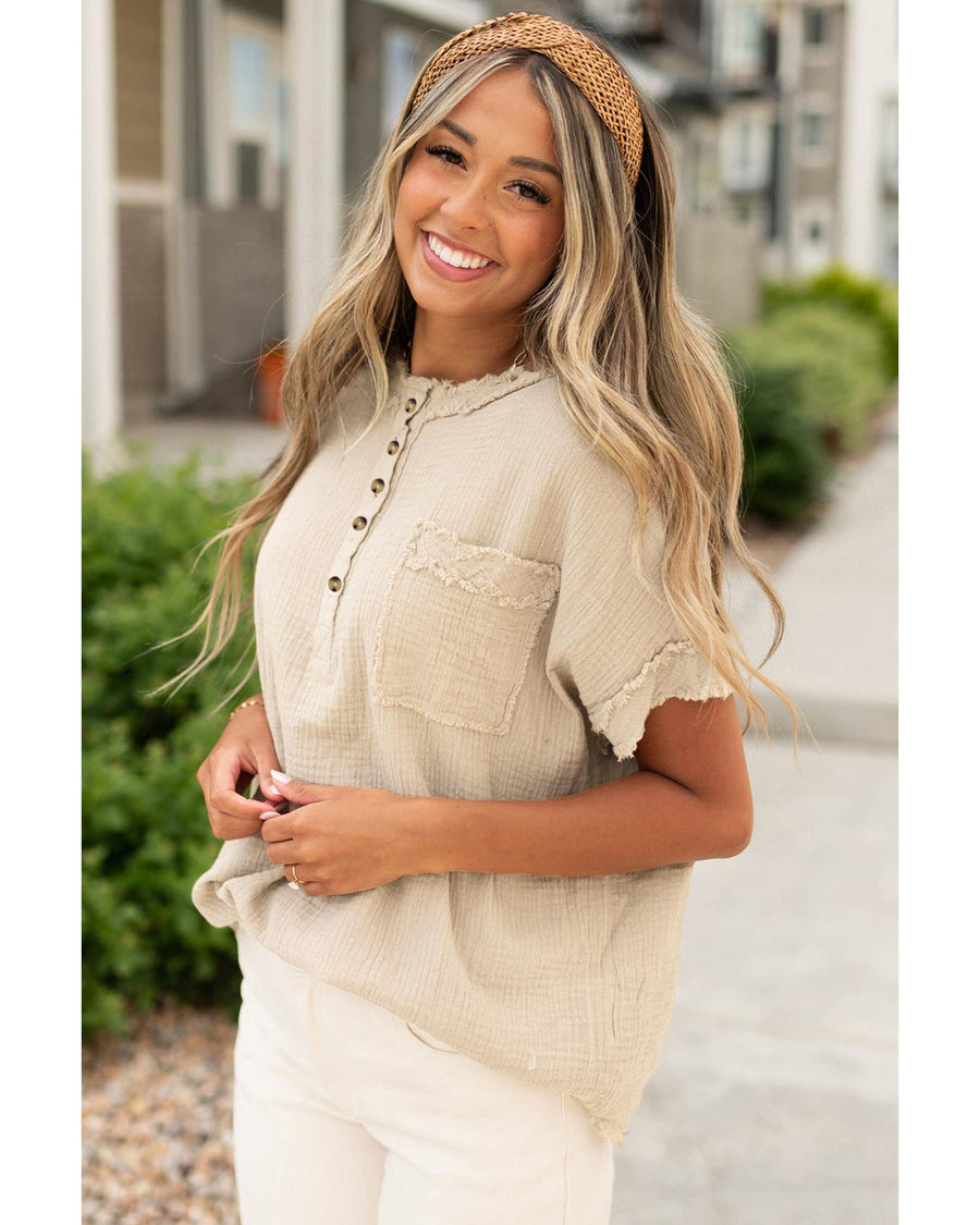 Parchment Crinkle Textured Frayed Trim Half Button Short Sleeve Top - L