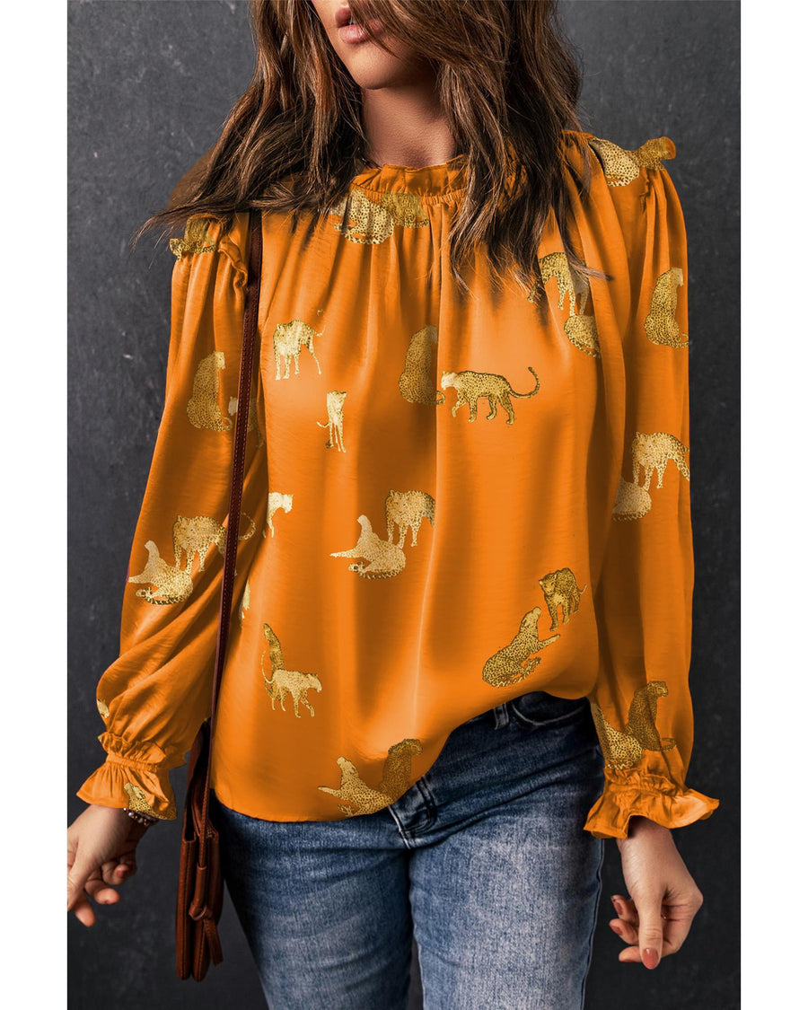 Orange Cheetah Printed Ruffled Sleeve Blouse - M