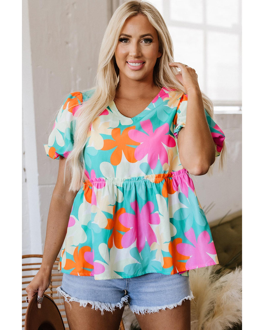 Pink Floral Print Bubble Sleeve V Neck Peplum Blouse - M