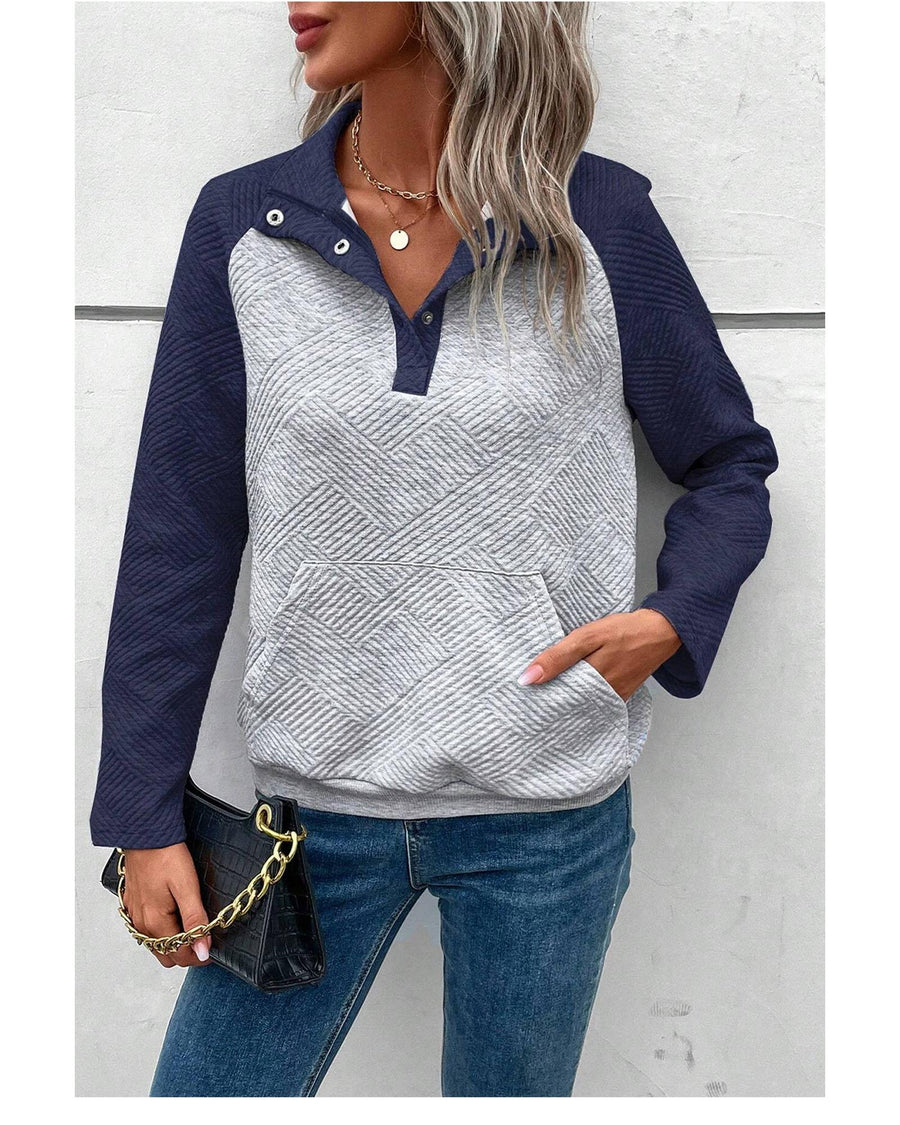 Gray Textured Contrast Splicing Raglan Sleeve Top - S