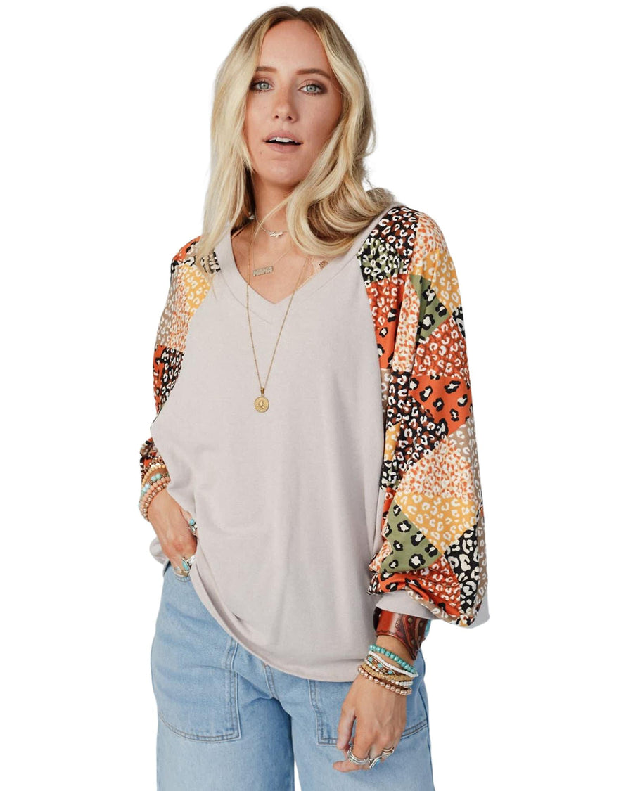 Parchment Contrast Printed Raglan Sleeves Patchwork V Neck Loose Top - M