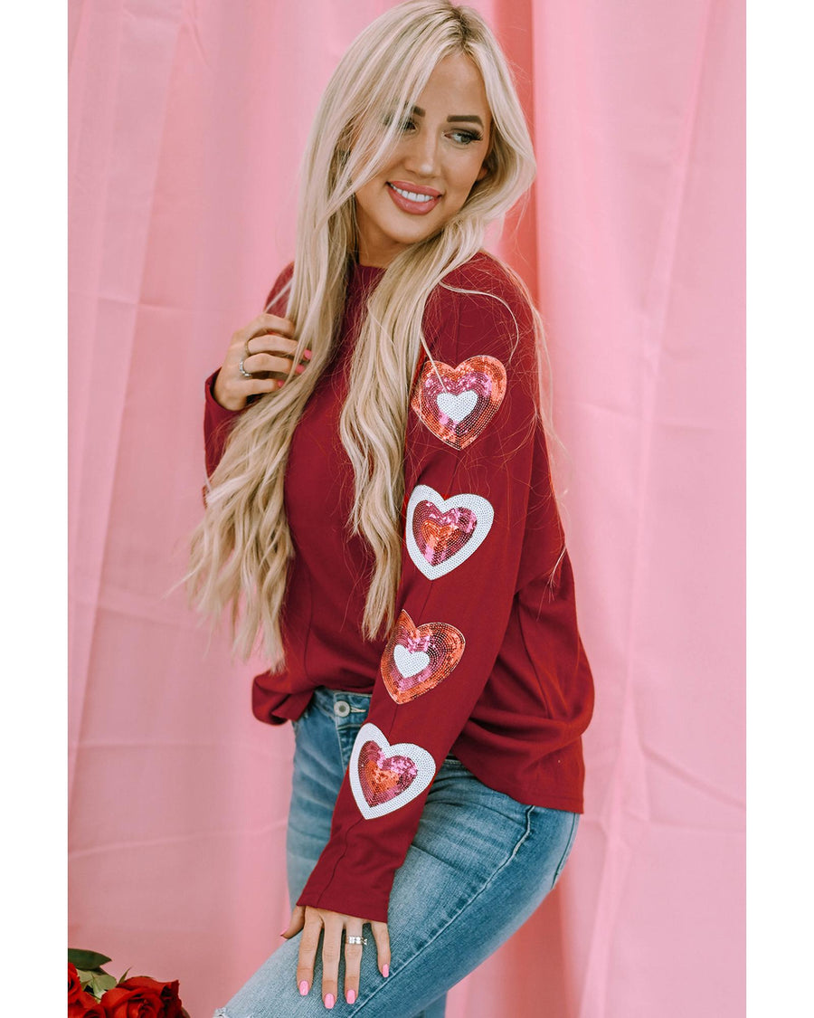 Red Sequined Heart Printed Sleeves Valentine Fashion Top - L