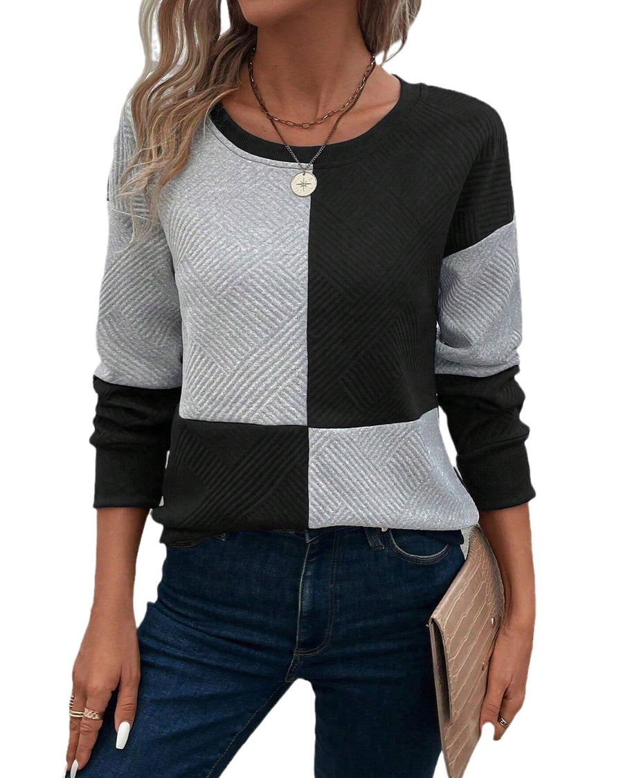 Black Color Block Textured Drop Shoulder Top - S