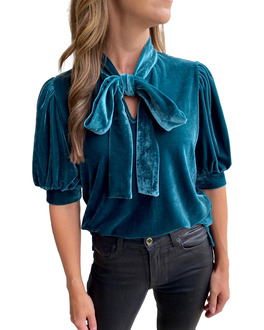 Azura Exchange Peacock Blue Velvet Bow Tie Neck Short Sleeve Top - M
