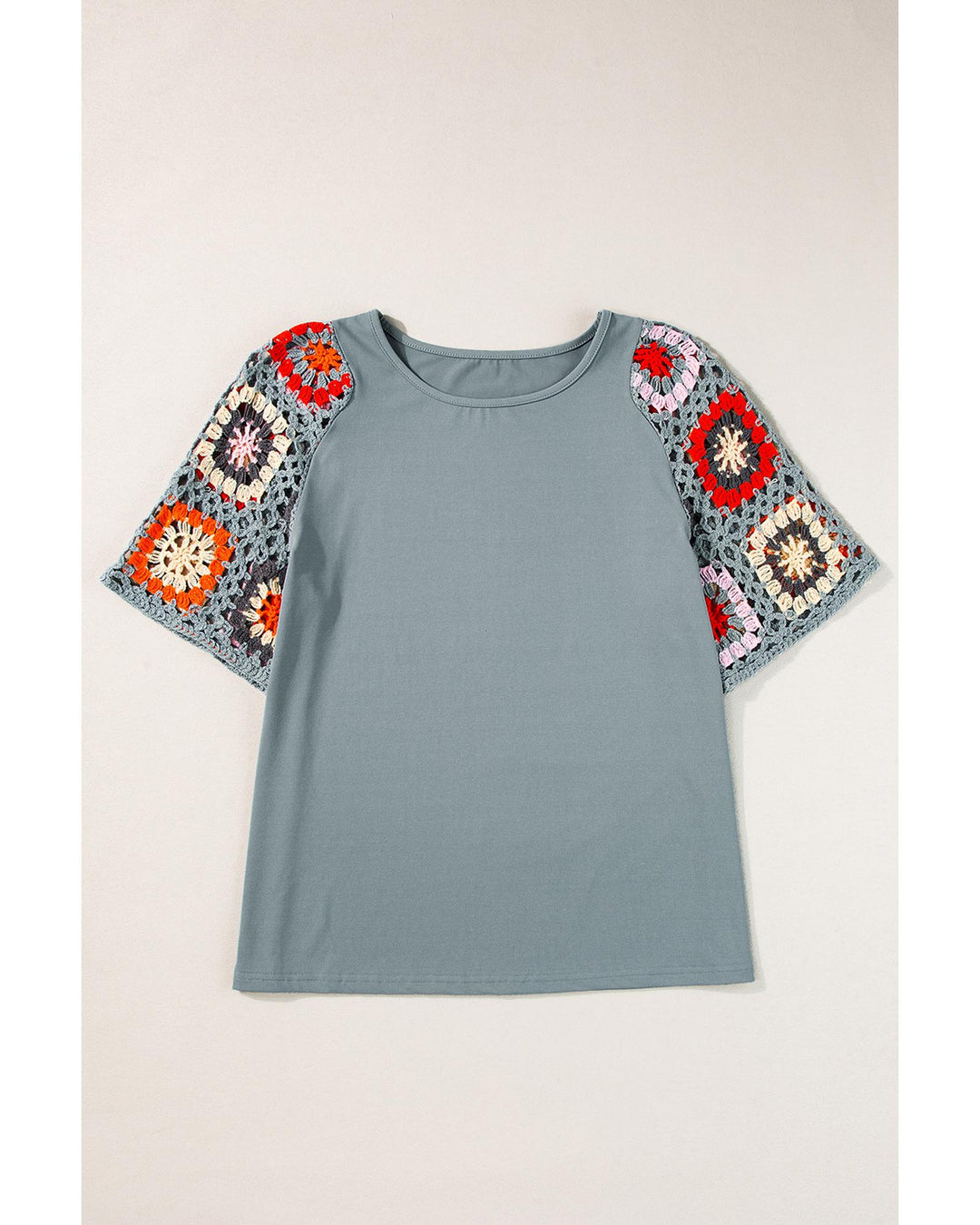 Medium Grey Floral Crochet Short Sleeve Top - M