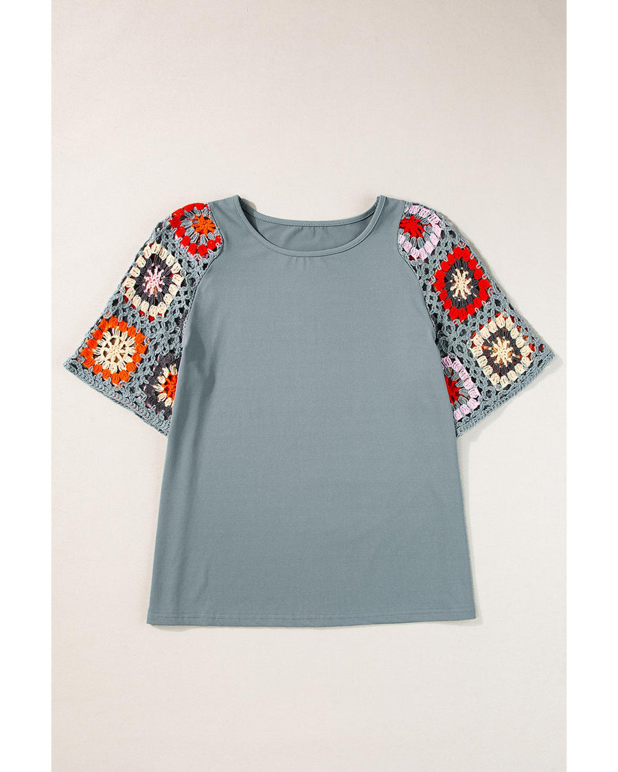 Medium Grey Floral Crochet Short Sleeve Top - M