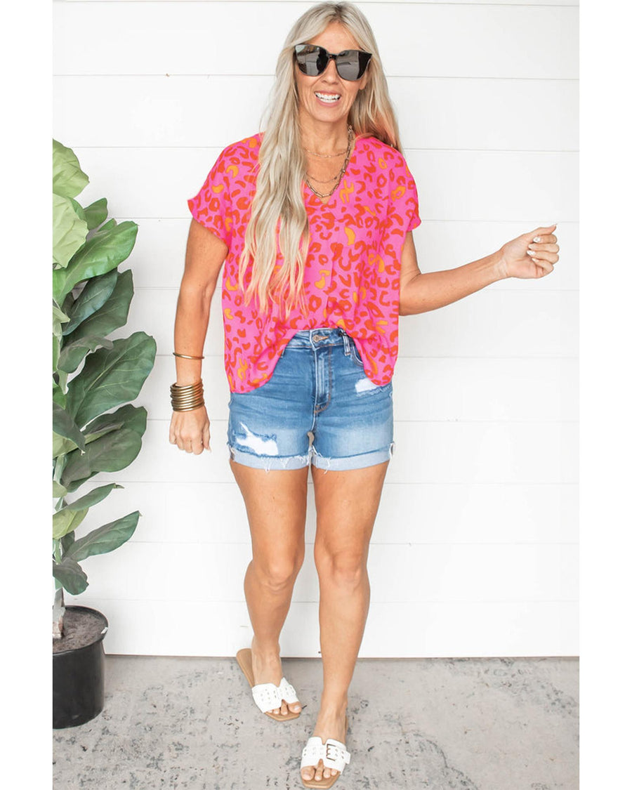 Azura Exchange Pink Leopard V Neck Short Sleeve Blouse - L