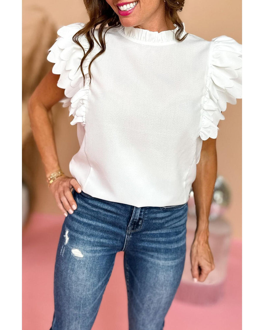 White Solid Color Scalloped Ruffle Sleeve Top - L