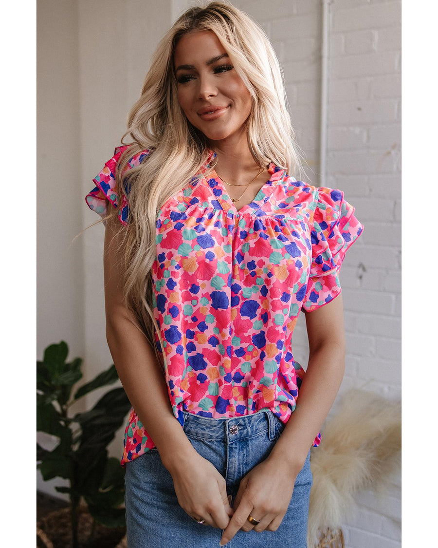 Rose Red Abstract Print Ruffled Sleeve V Neck Blouse - L