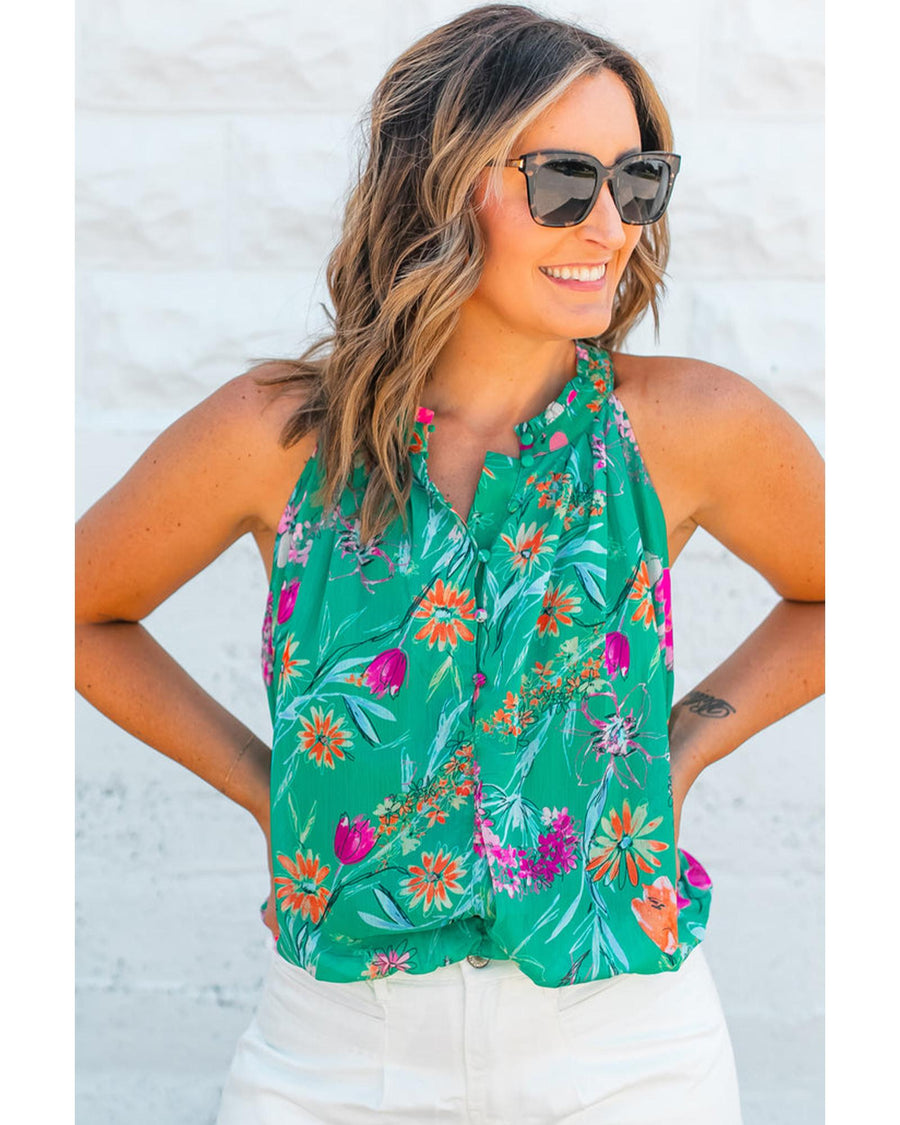 Bright Green Floral Print Buttoned Neckline Tank Top - XL