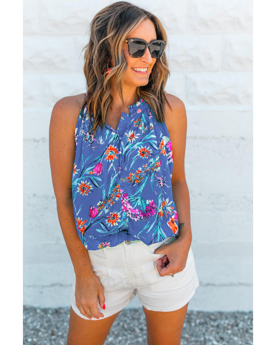 Sky Blue Floral Print Buttoned Neckline Tank Top - L