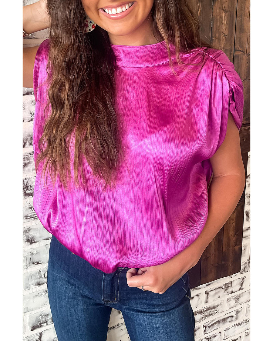 Bright Pink Ruched Sleeves Knotted Backless Blouse - M