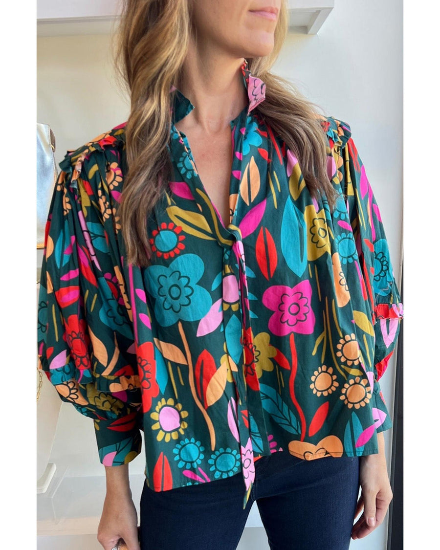 Green Floral Knot Split Neck Puff Sleeve Blouse - L