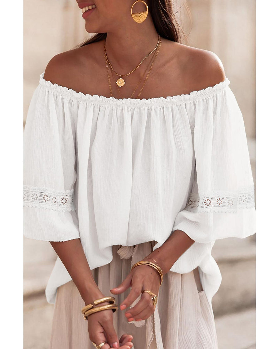 White Frilly Off Shoulder Lace Insert Sleeve Textured Blouse - M