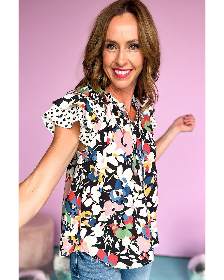 Black Floral Ruffled Flutter Sleeve Tied V Neck Blouse - M