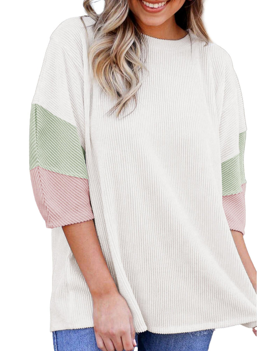 White Color Block Ribbed Knit Quarter Sleeve Top - L