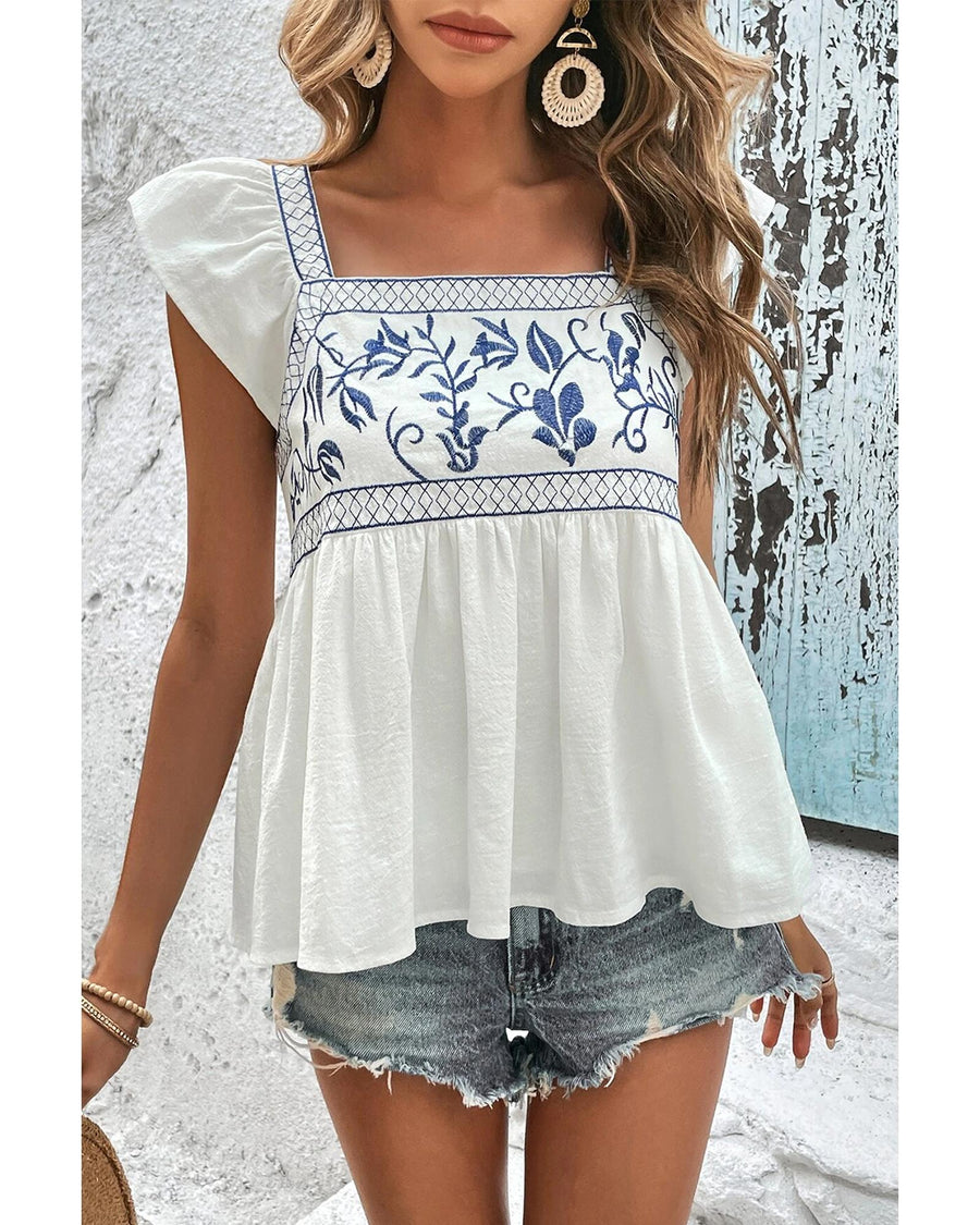 White Embroidered Bust Square Neck Peplum Blouse - L