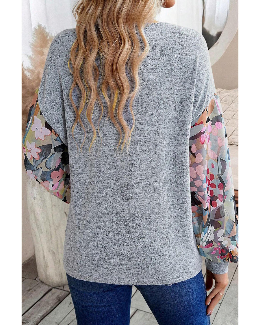 Gray Floral Lantern Sleeve Patchwork Buttoned V Neck Top - S