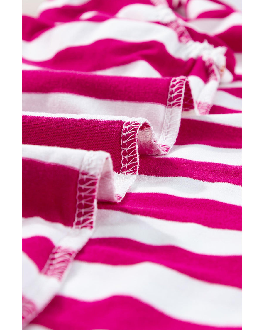 Rose Red Striped Ruffle Sleeve Crew Neck Blouse - S