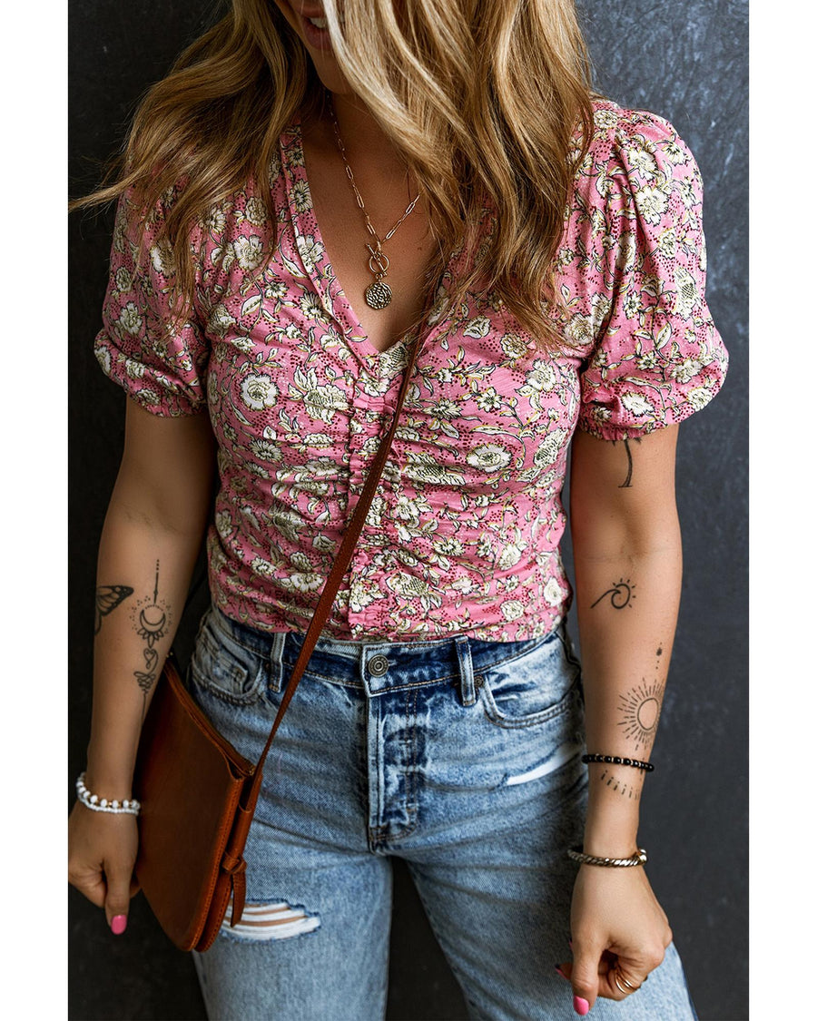 Pink Floral Short Puff Sleeve V Neck Ruched Blouse - M