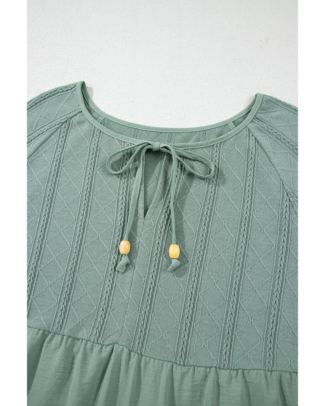 Laurel Green Tie Split Neck Textured Ruffle Patchwork Blouse - L
