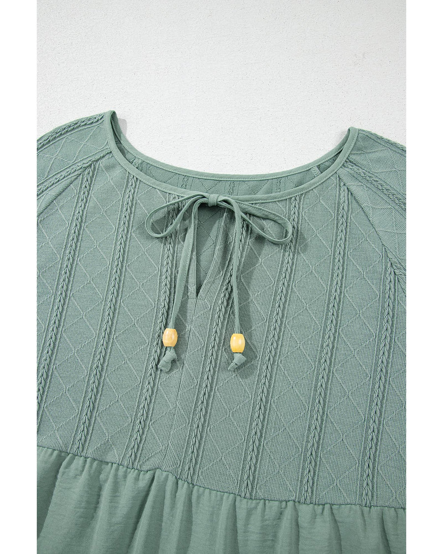 Laurel Green Tie Split Neck Textured Ruffle Patchwork Blouse - M